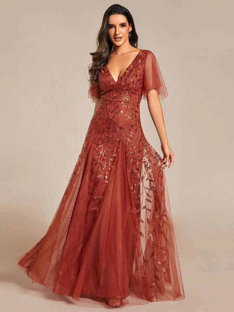 Robe de soirée de mariage à col en V et manches à volants