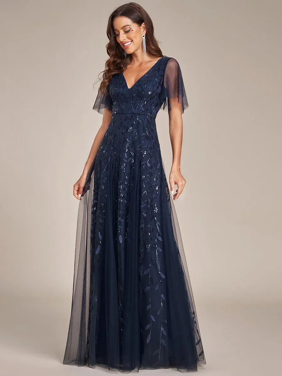 Robe de soirée de mariage à col en V et manches à volants