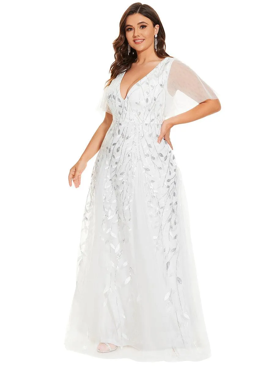 Robe de soirée de mariage à col en V et manches à volants