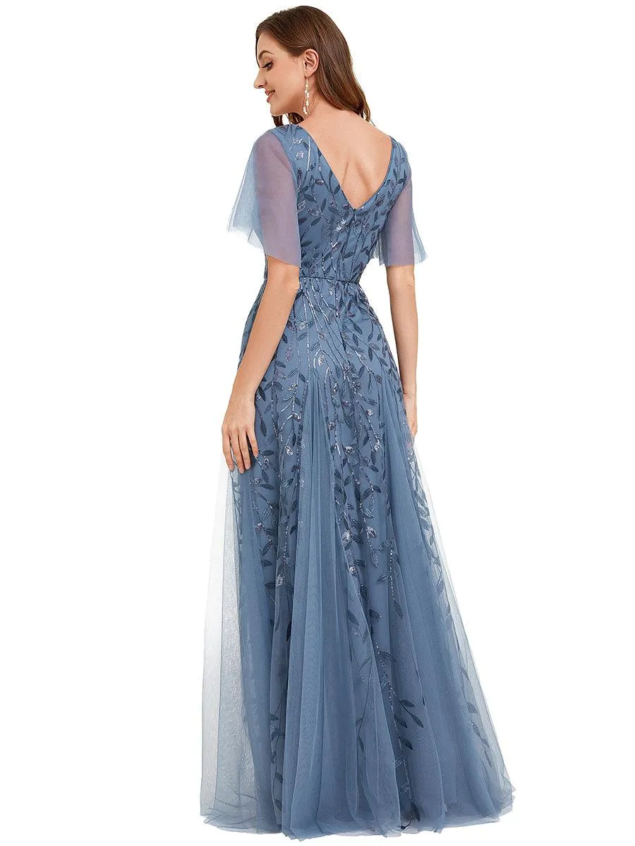 Robe de soirée de mariage à col en V et manches à volants