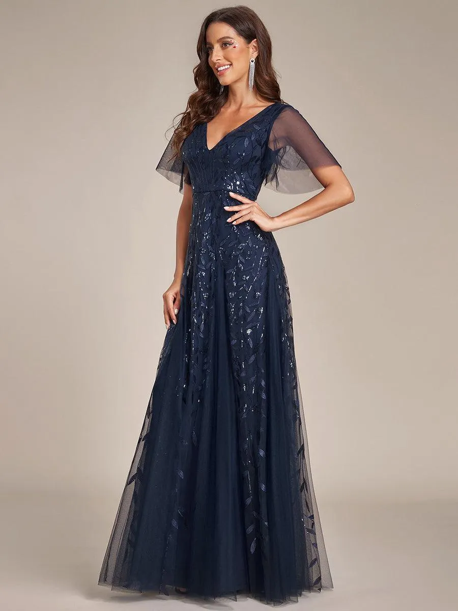 Robe de soirée de mariage à col en V et manches à volants