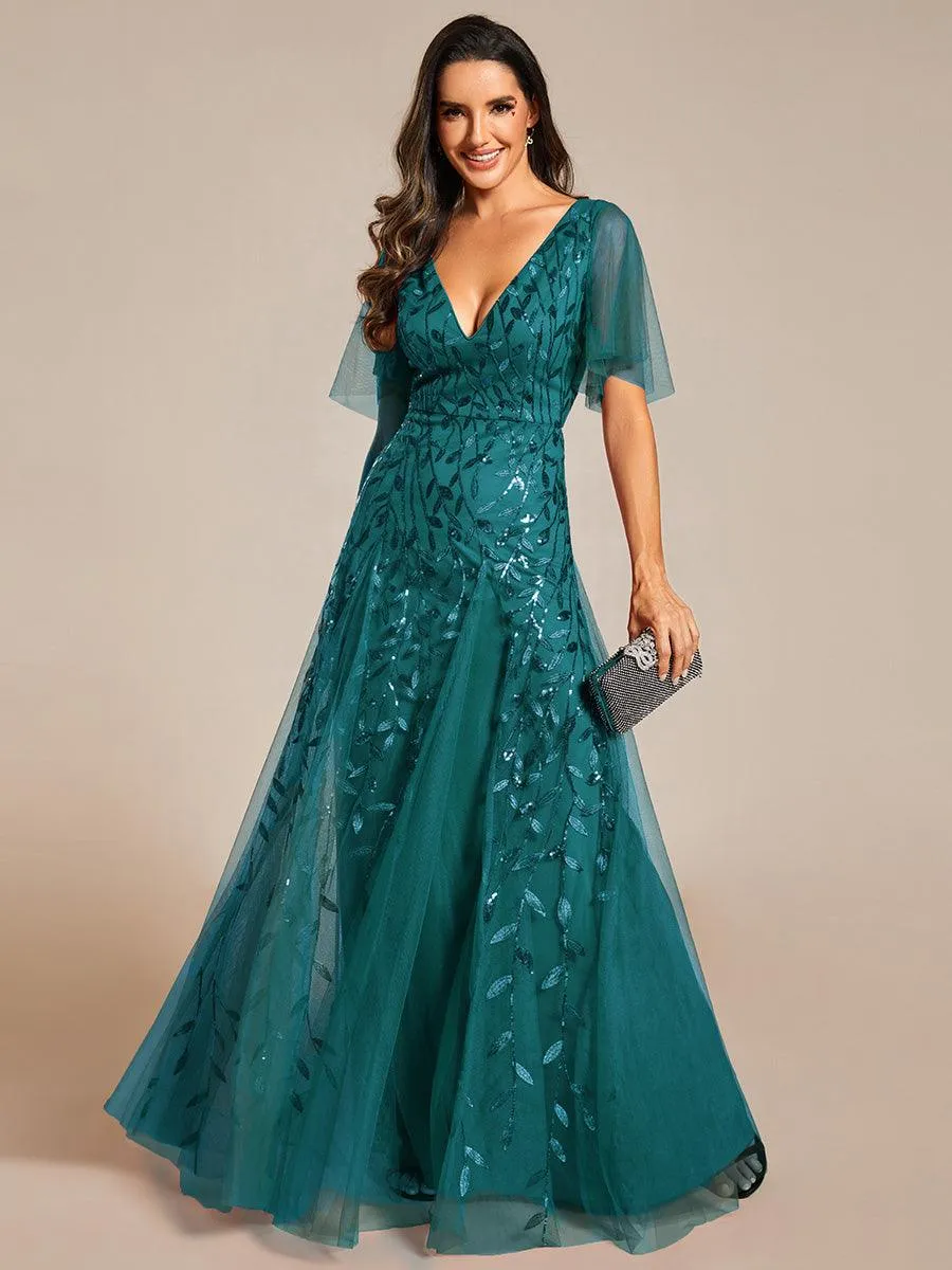 Robe de soirée de mariage à col en V et manches à volants