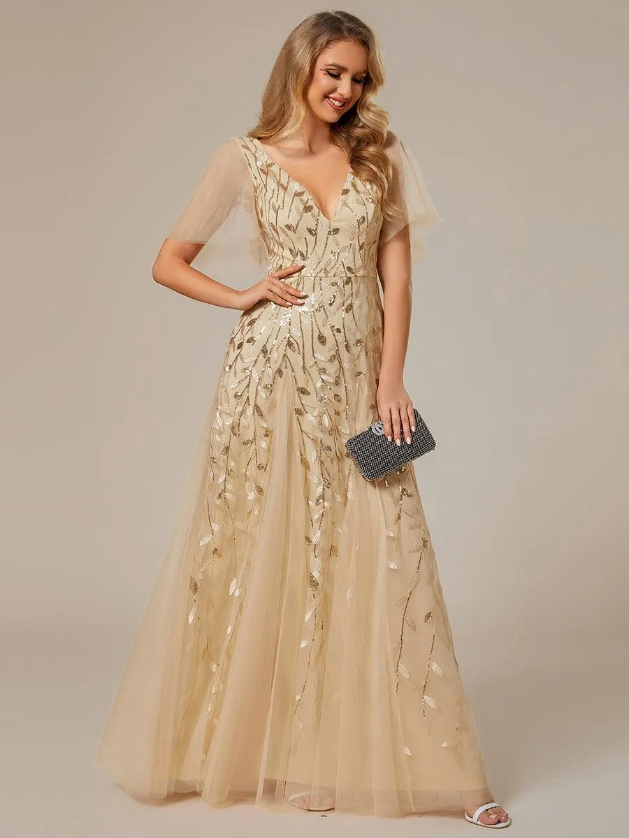 Robe de soirée de mariage à col en V et manches à volants