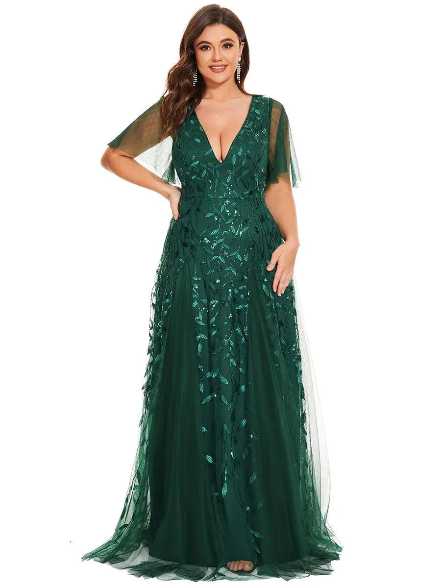 Robe de soirée de mariage à col en V et manches à volants