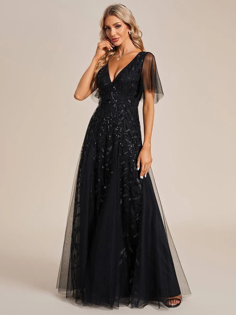 Robe de soirée de mariage à col en V et manches à volants