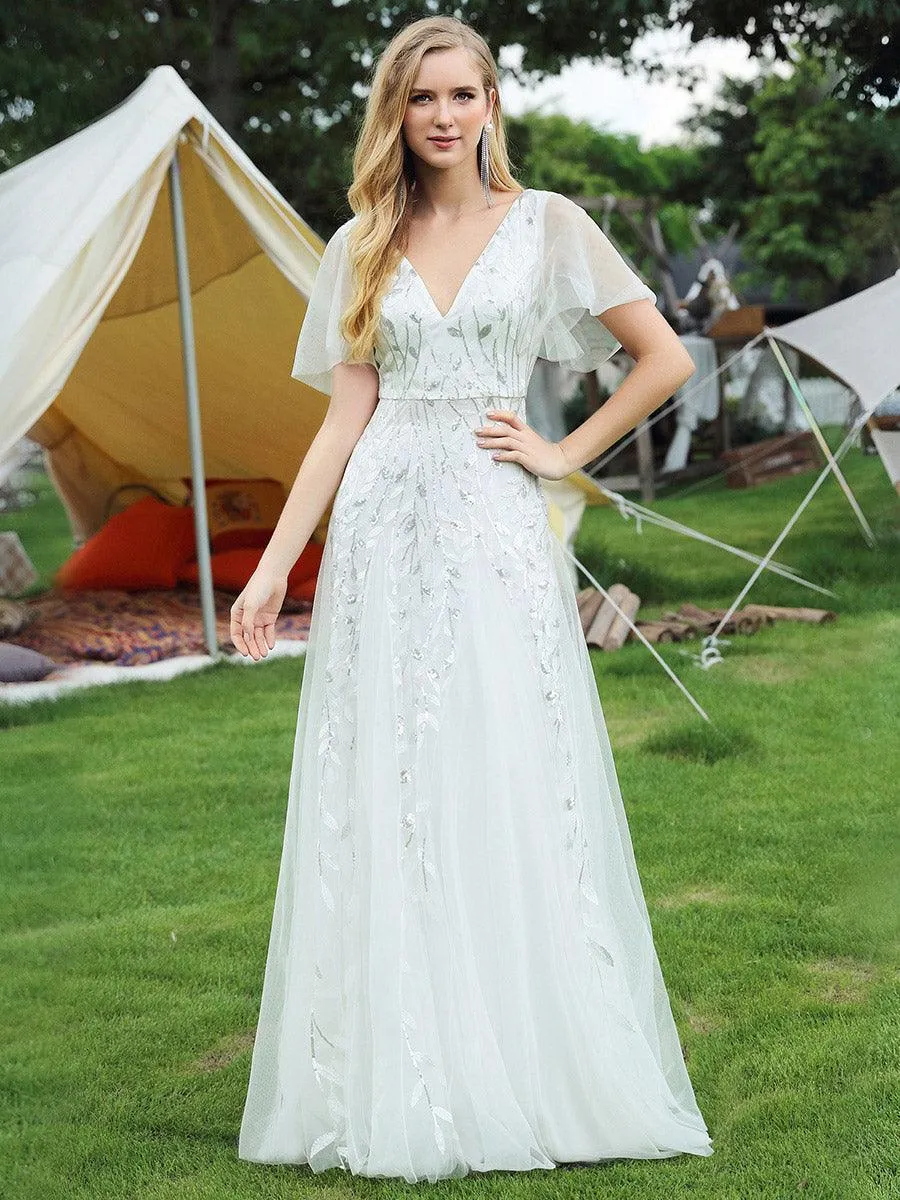 Robe de soirée de mariage à col en V et manches à volants