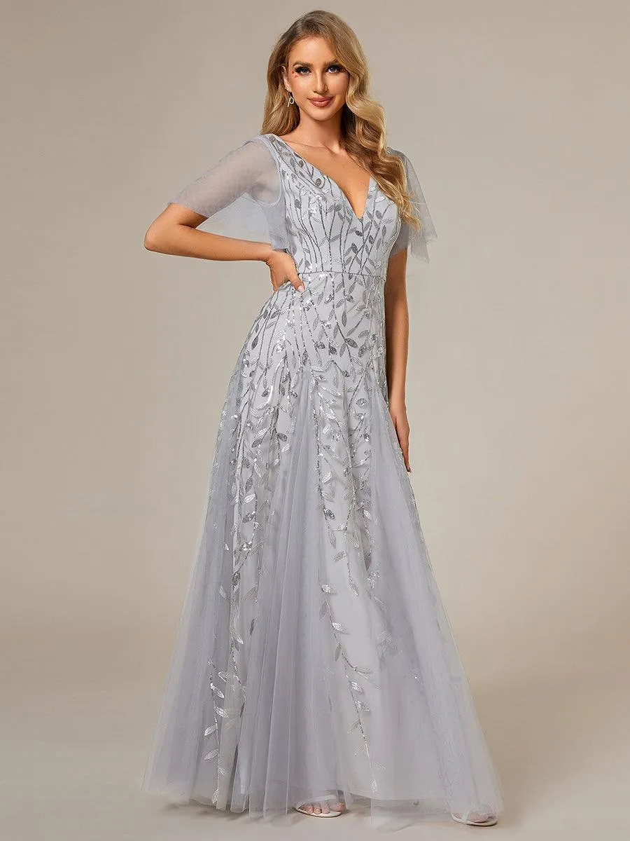 Robe de soirée de mariage à col en V et manches à volants