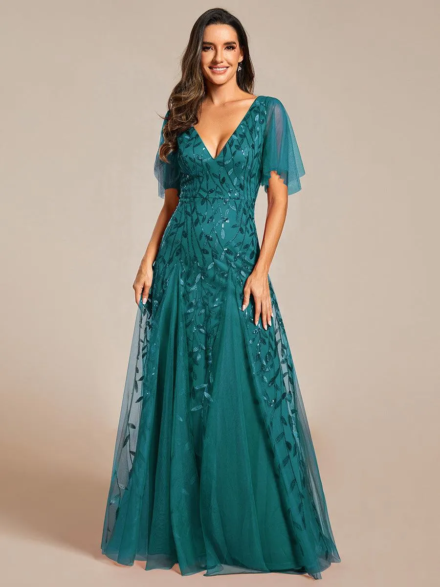 Robe de soirée de mariage à col en V et manches à volants