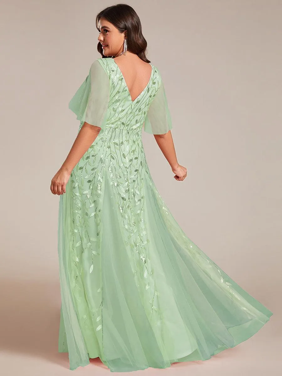 Robe de soirée de mariage à col en V et manches à volants