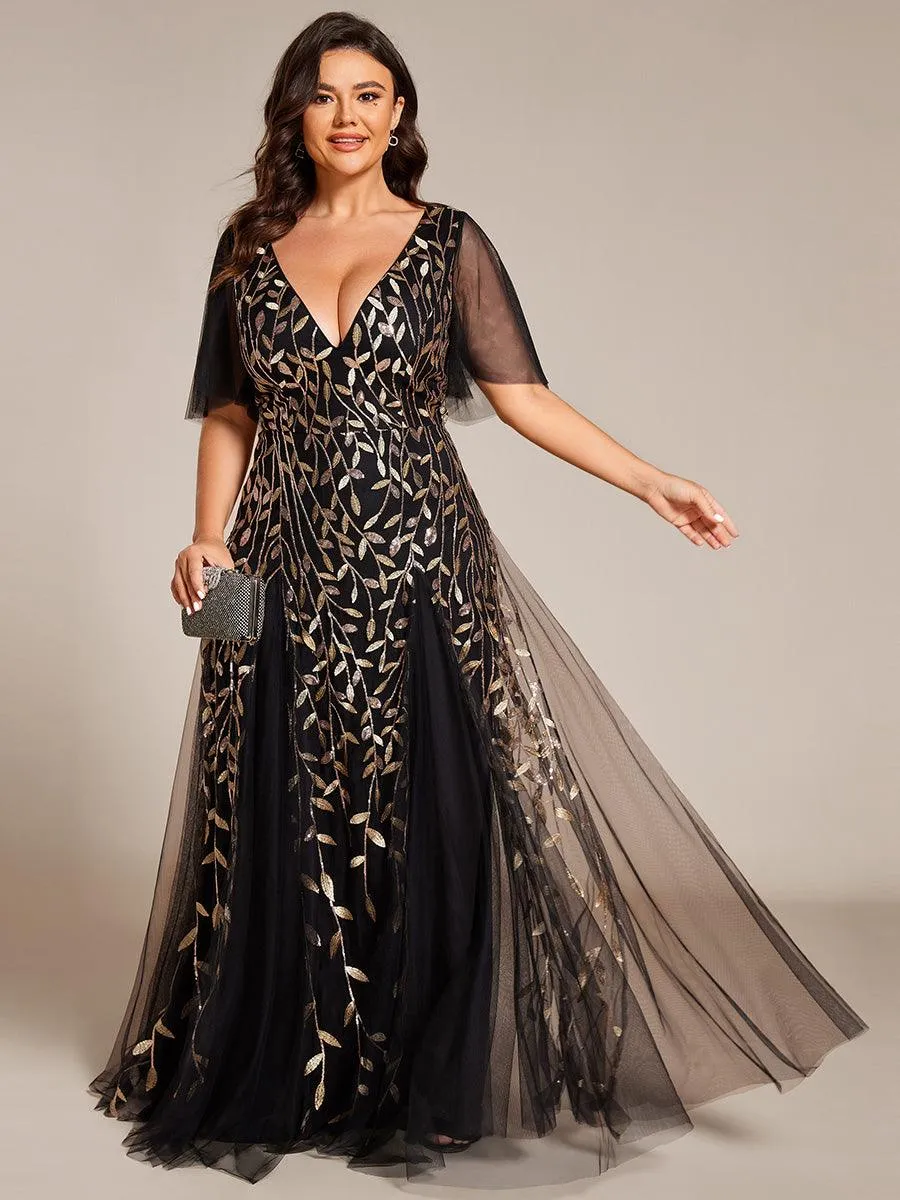 Robe de soirée de mariage à col en V et manches à volants