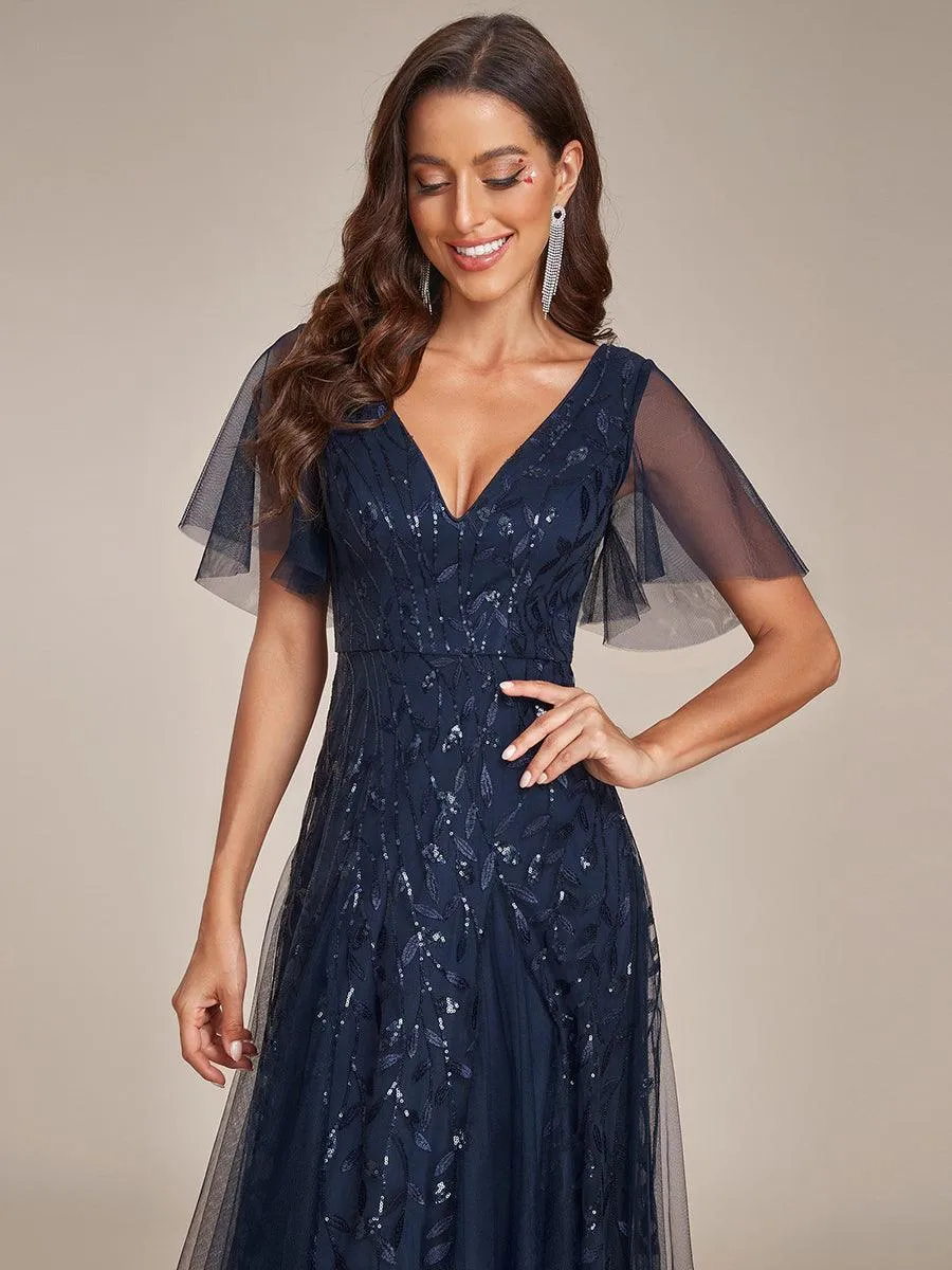 Robe de soirée de mariage à col en V et manches à volants