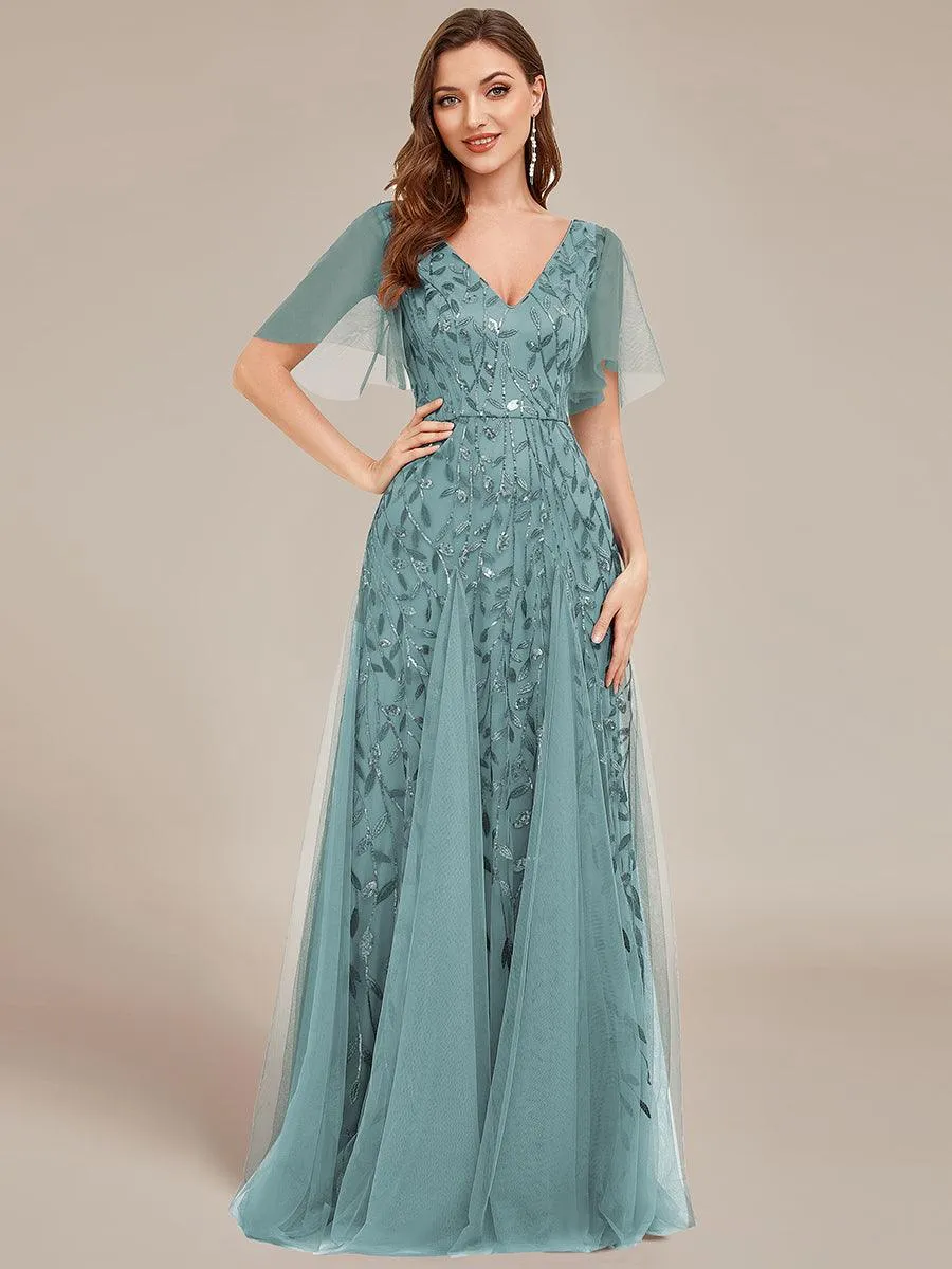 Robe de soirée de mariage à col en V et manches à volants