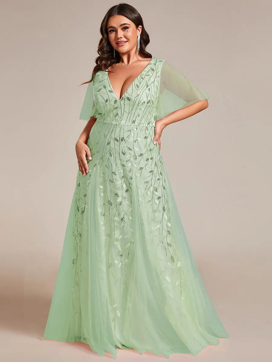 Robe de soirée de mariage à col en V et manches à volants