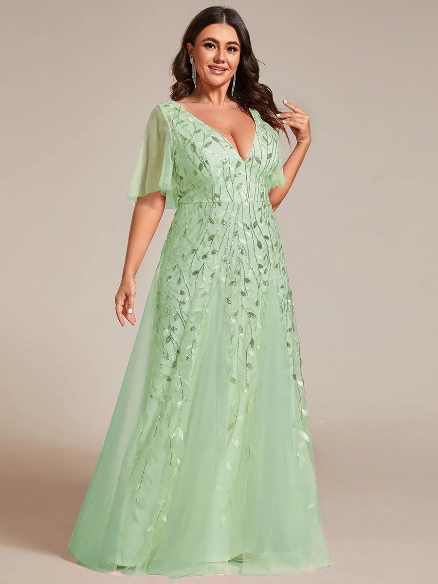 Robe de soirée de mariage à col en V et manches à volants