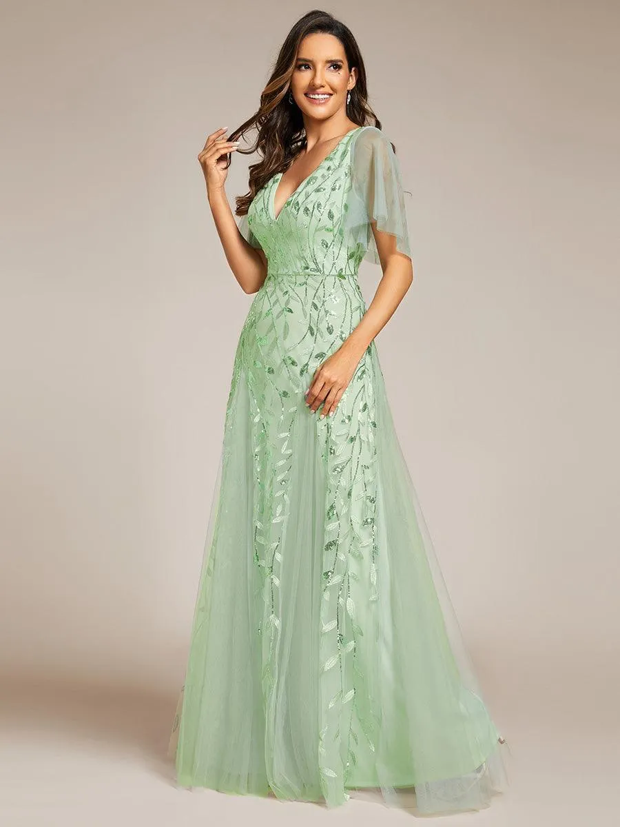 Robe de soirée de mariage à col en V et manches à volants