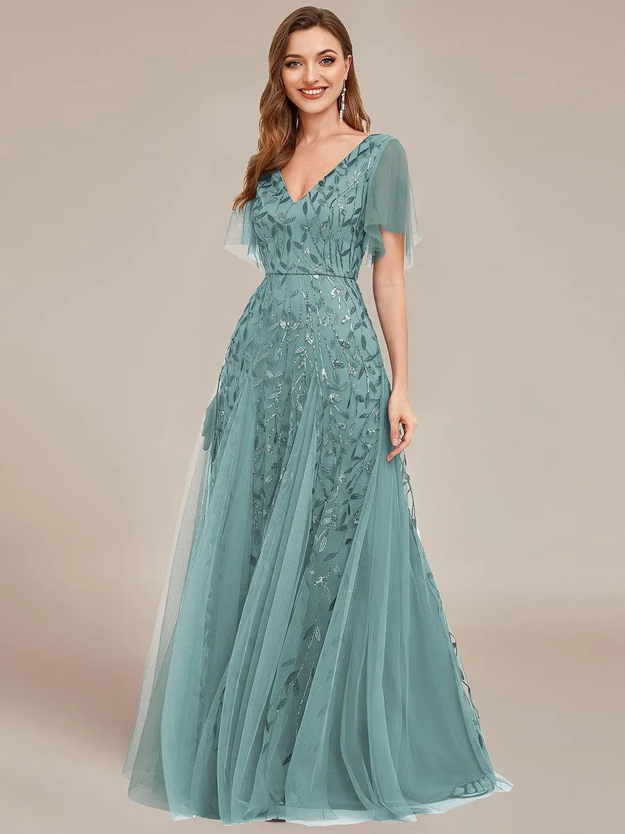Robe de soirée de mariage à col en V et manches à volants