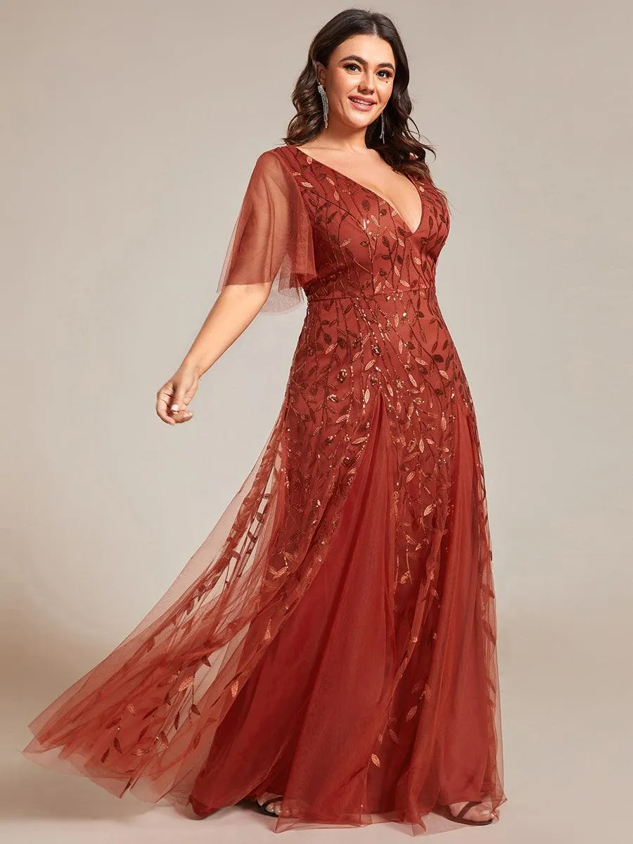Robe de soirée de mariage à col en V et manches à volants