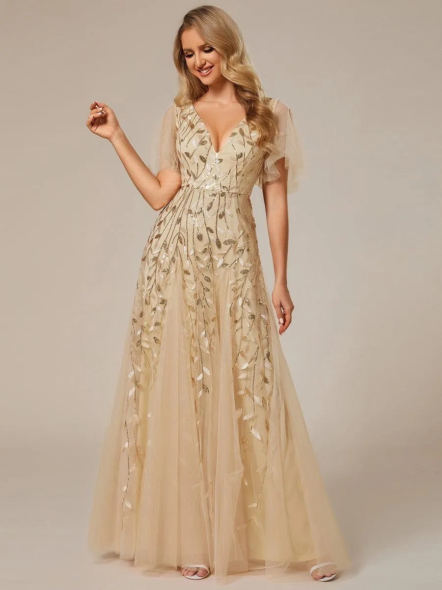 Robe de soirée de mariage à col en V et manches à volants