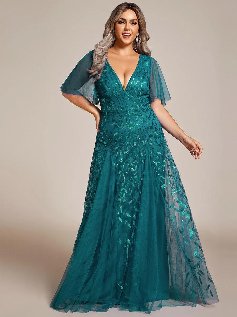 Robe de soirée de mariage à col en V et manches à volants