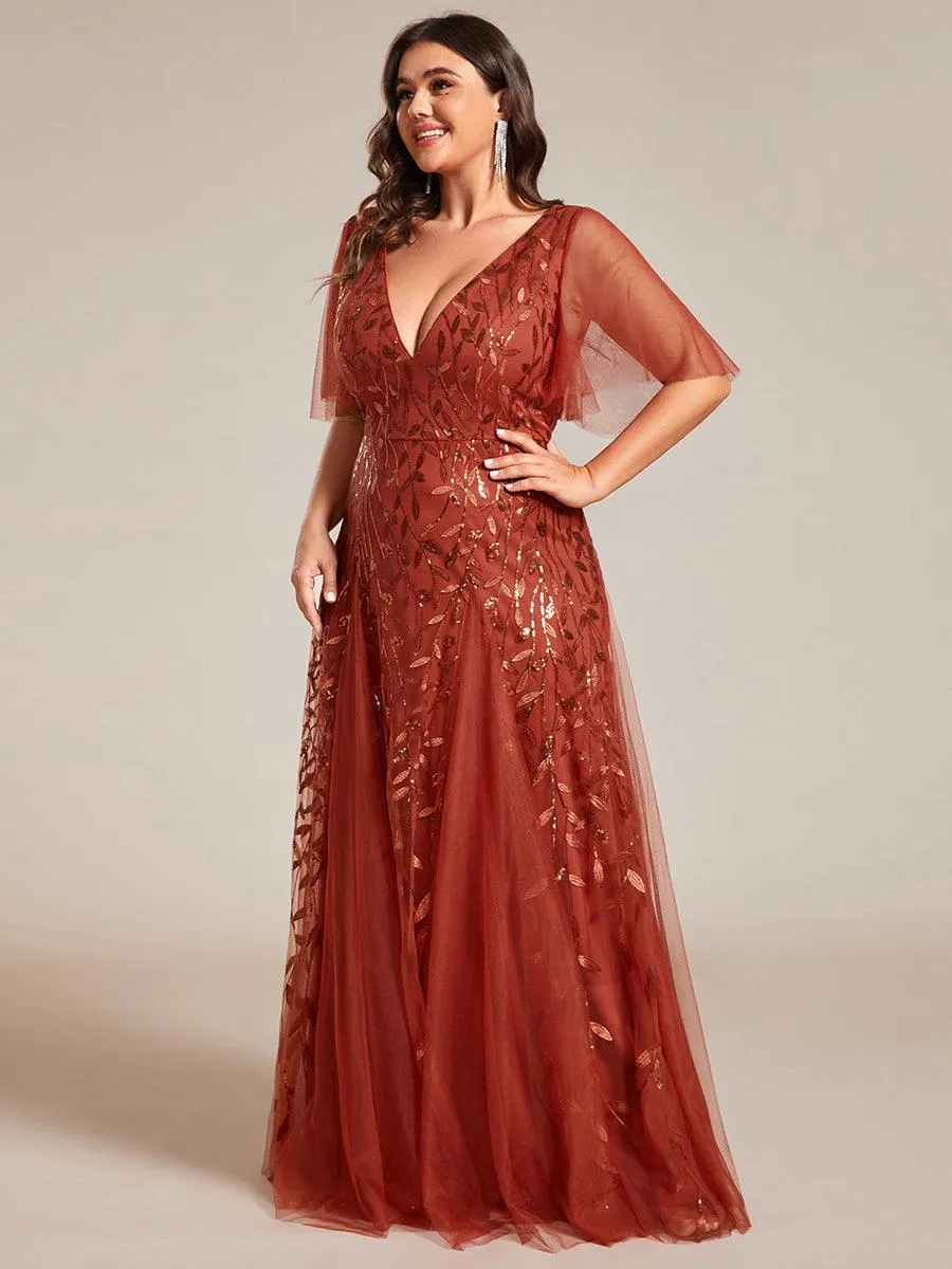 Robe de soirée de mariage à col en V et manches à volants