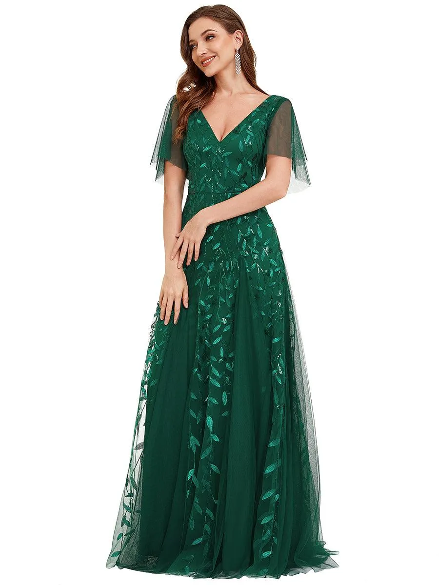 Robe de soirée de mariage à col en V et manches à volants