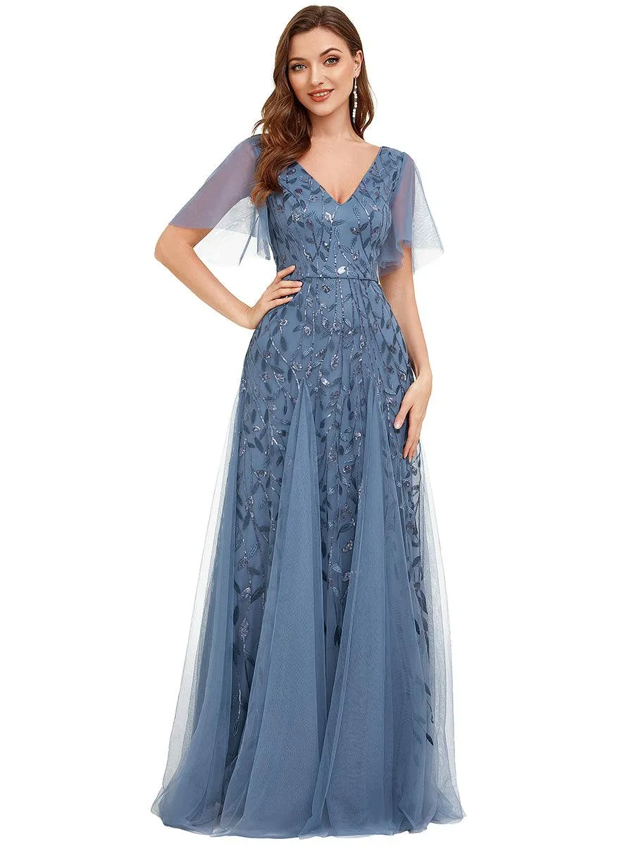 Robe de soirée de mariage à col en V et manches à volants
