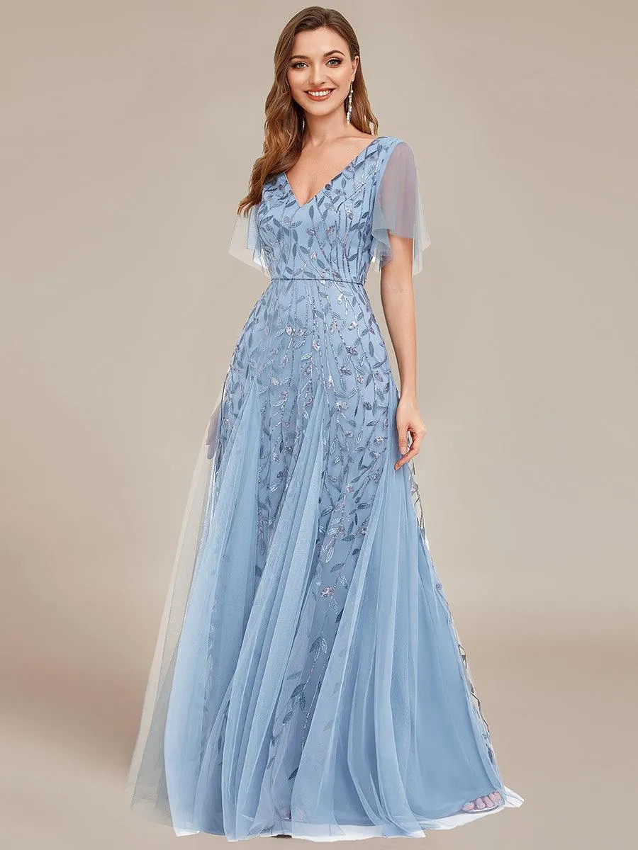 Robe de soirée de mariage à col en V et manches à volants