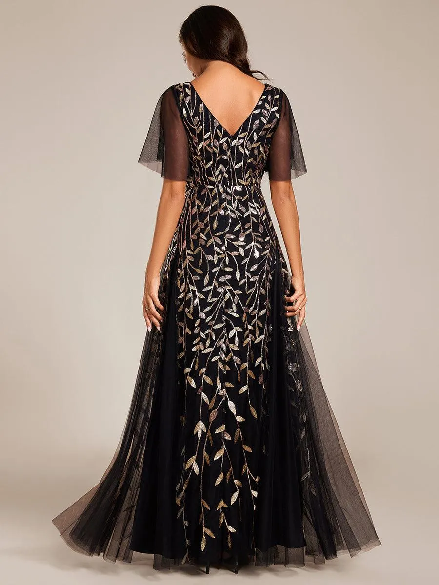 Robe de soirée de mariage à col en V et manches à volants