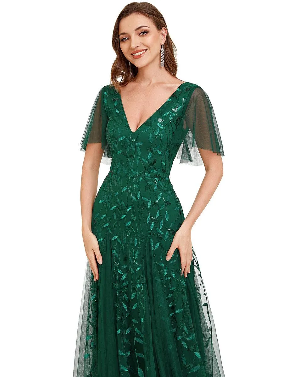 Robe de soirée de mariage à col en V et manches à volants