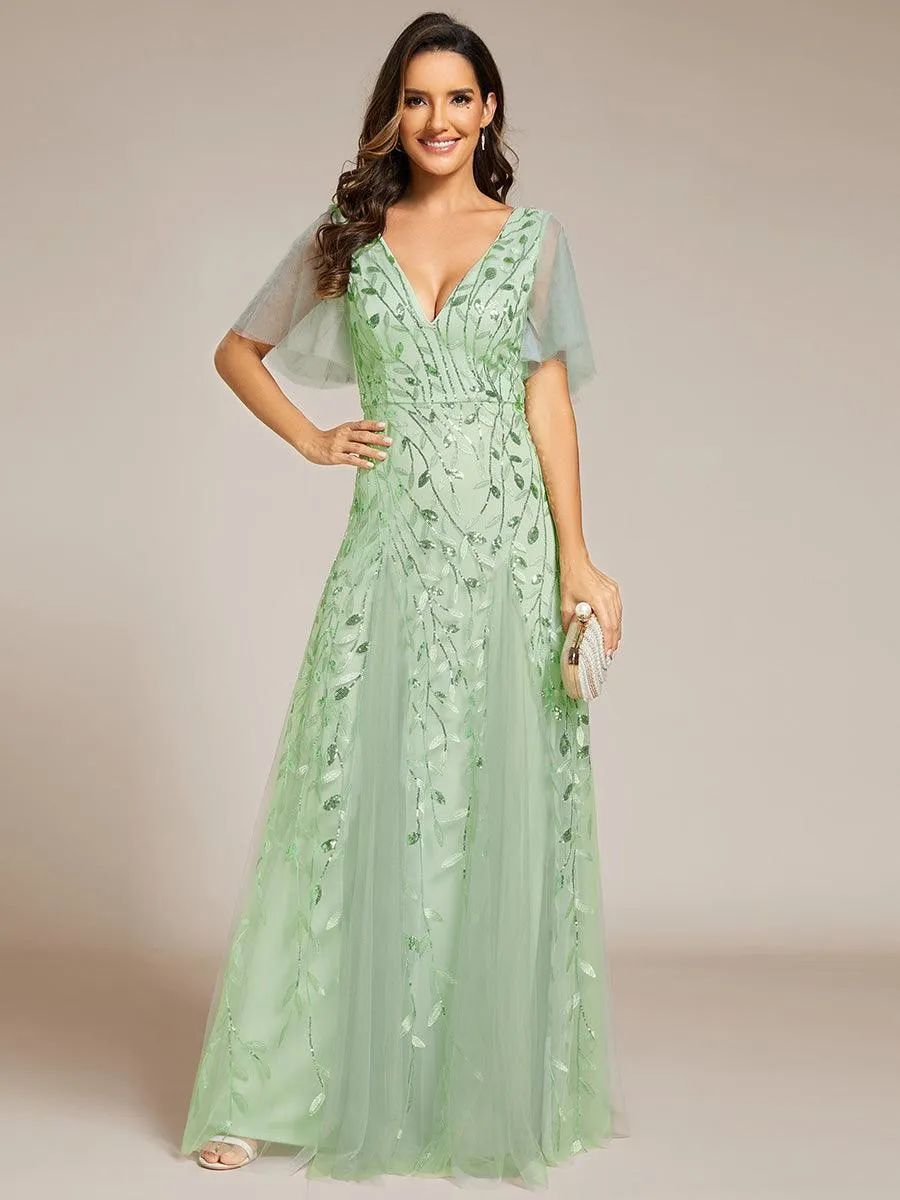 Robe de soirée de mariage à col en V et manches à volants