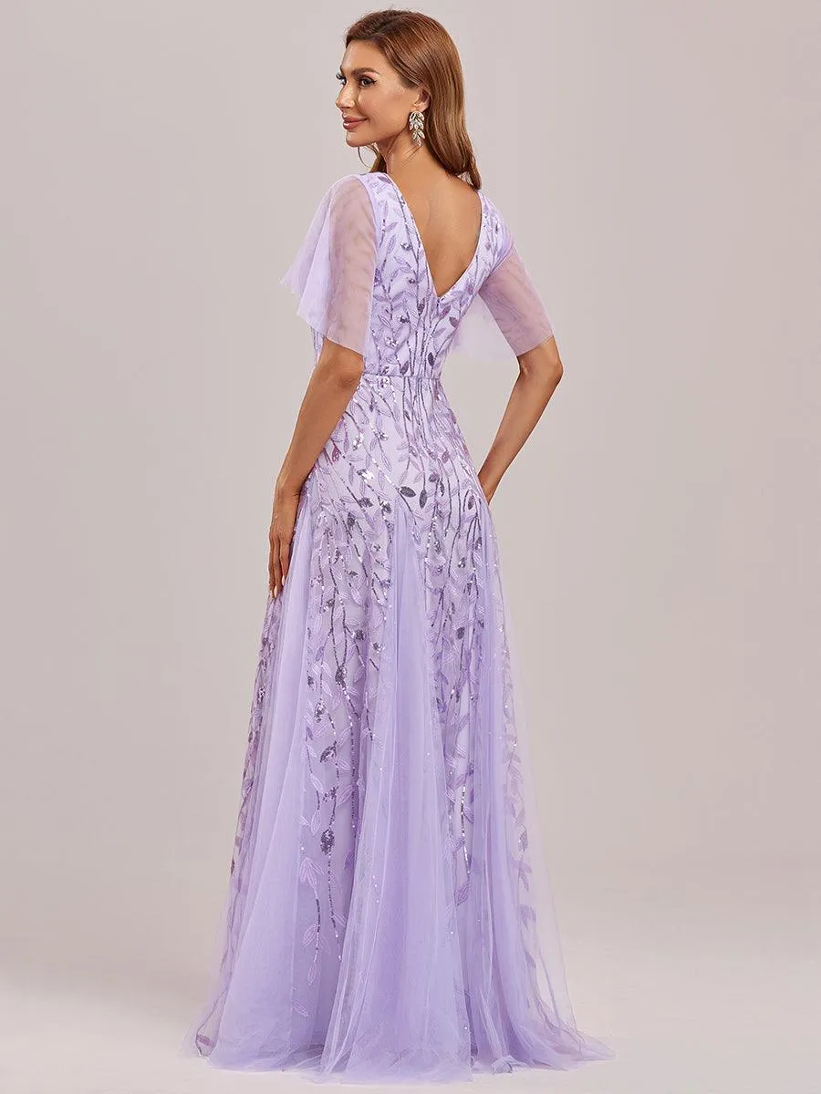 Robe de soirée de mariage à col en V et manches à volants
