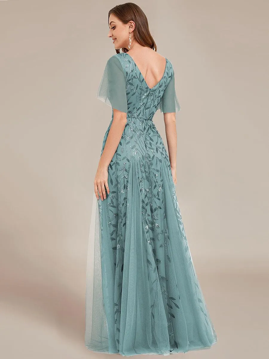 Robe de soirée de mariage à col en V et manches à volants