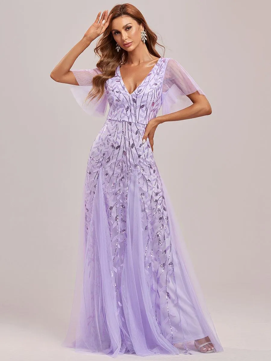 Robe de soirée de mariage à col en V et manches à volants