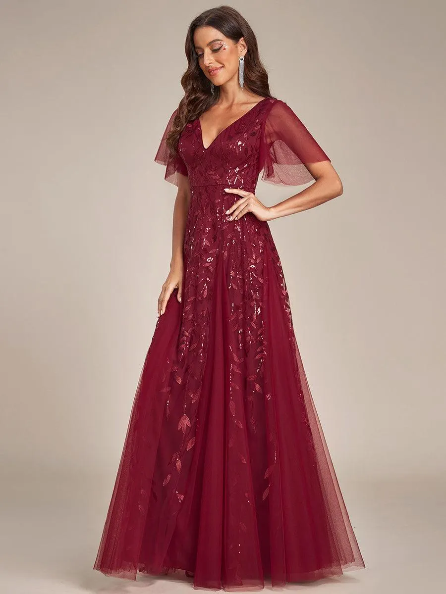 Robe de soirée de mariage à col en V et manches à volants