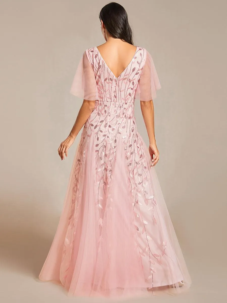 Robe de soirée de mariage à col en V et manches à volants