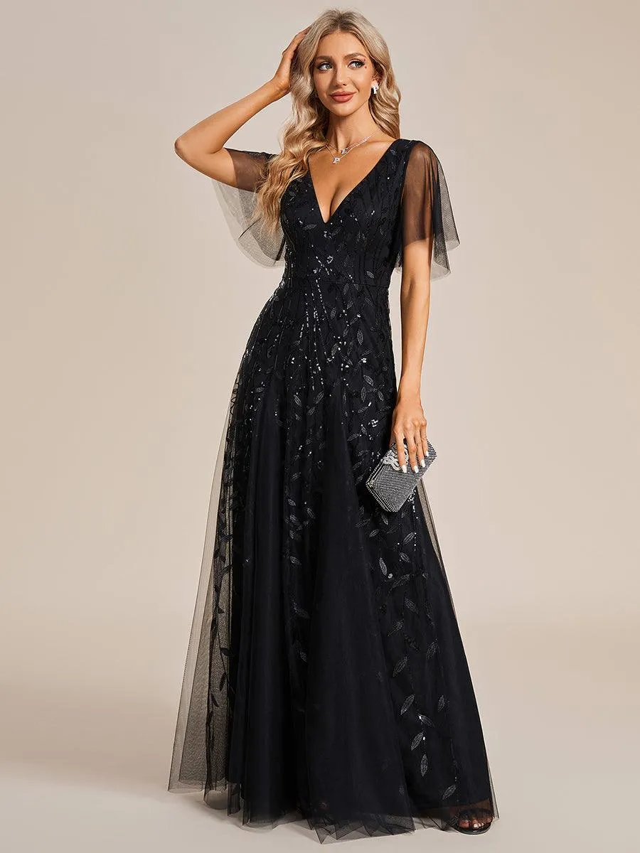 Robe de soirée de mariage à col en V et manches à volants