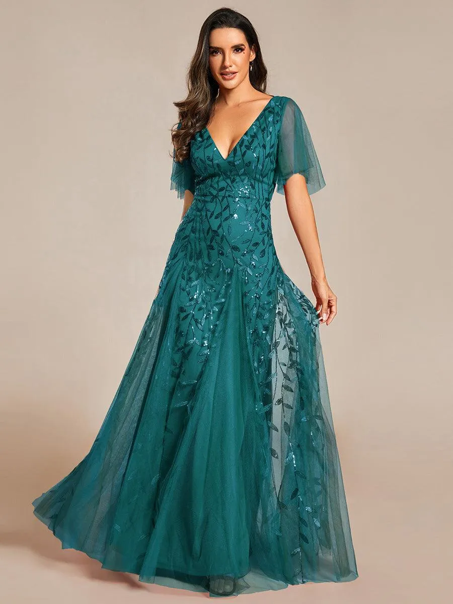 Robe de soirée de mariage à col en V et manches à volants