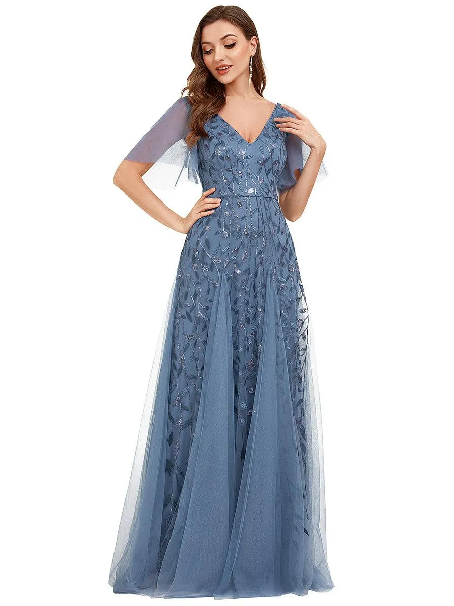 Robe de soirée de mariage à col en V et manches à volants