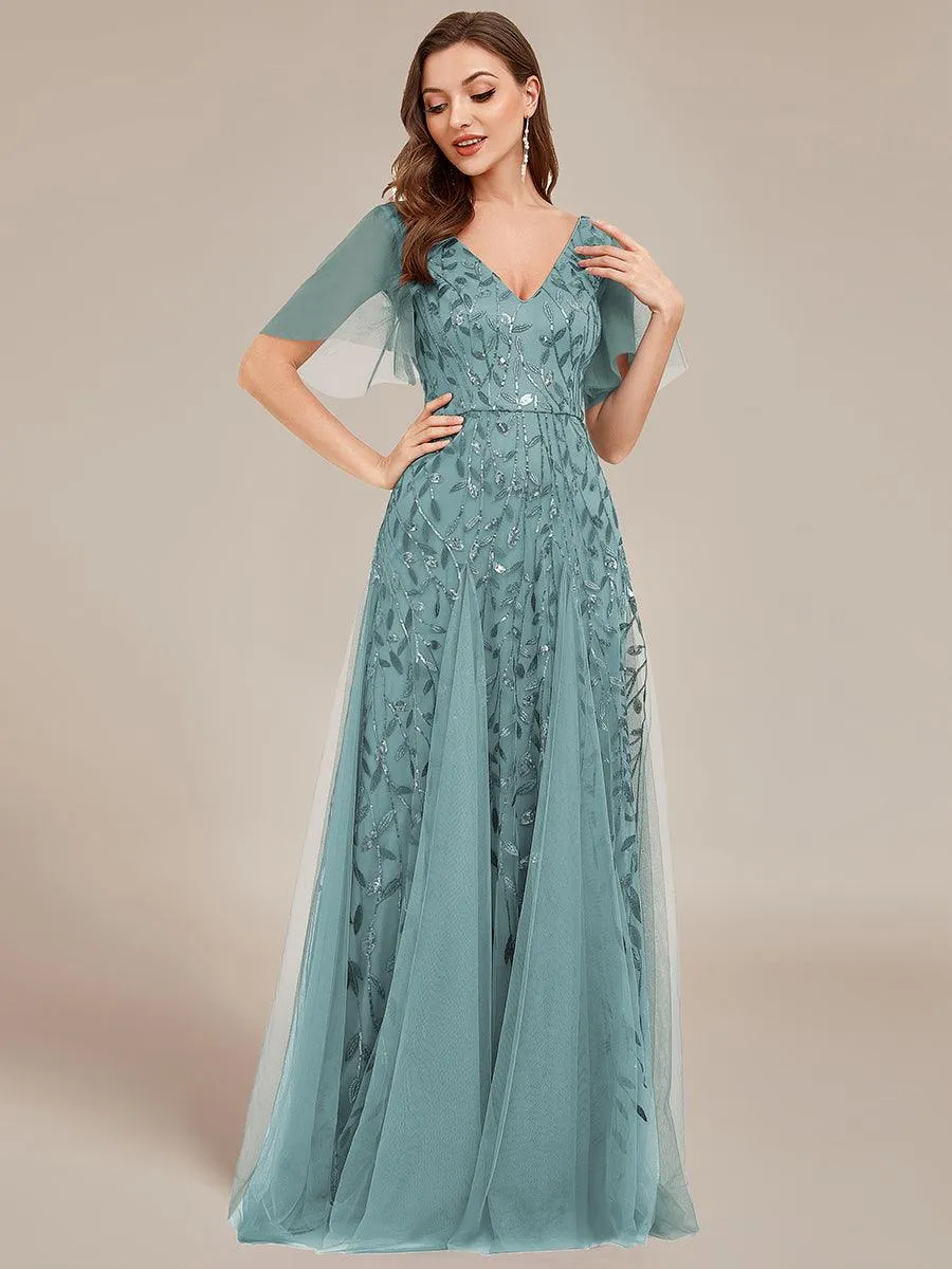 Robe de soirée de mariage à col en V et manches à volants