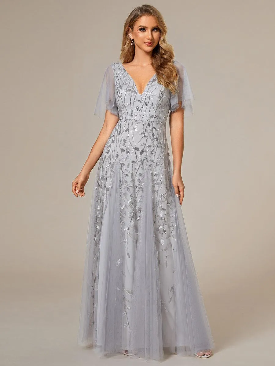 Robe de soirée de mariage à col en V et manches à volants