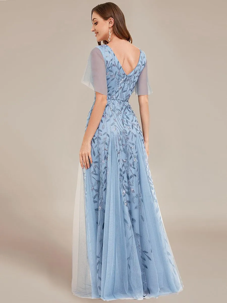 Robe de soirée de mariage à col en V et manches à volants