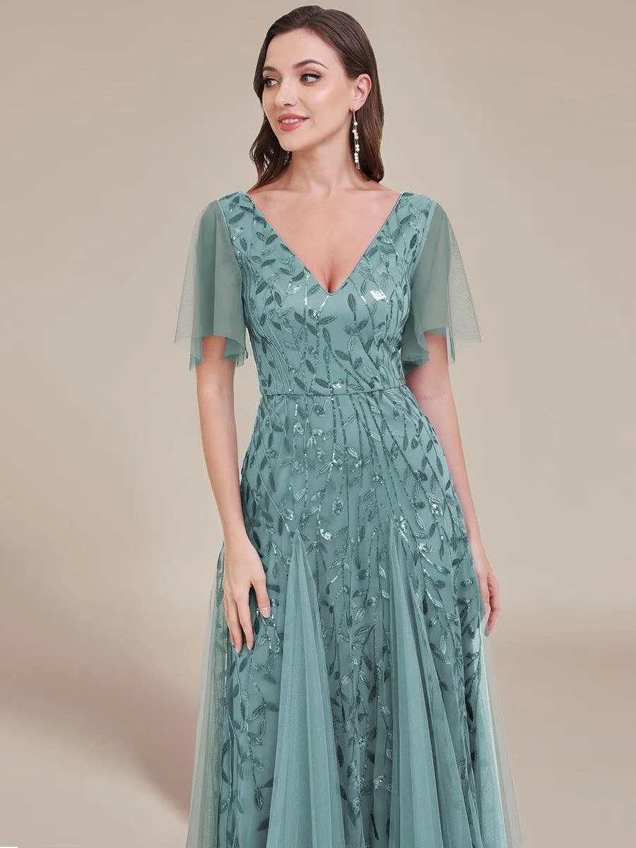 Robe de soirée de mariage à col en V et manches à volants