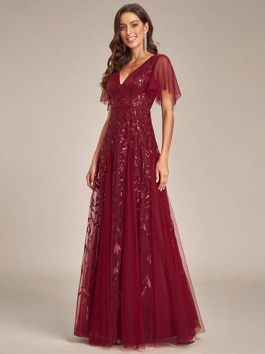 Robe de soirée de mariage à col en V et manches à volants