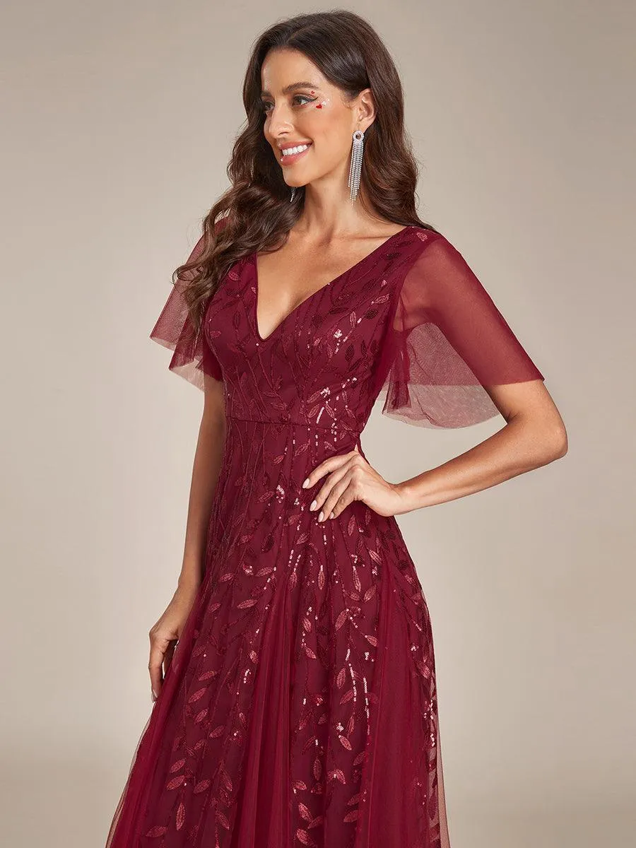 Robe de soirée de mariage à col en V et manches à volants