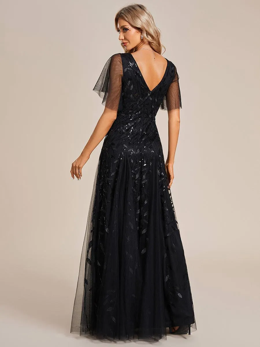 Robe de soirée de mariage à col en V et manches à volants