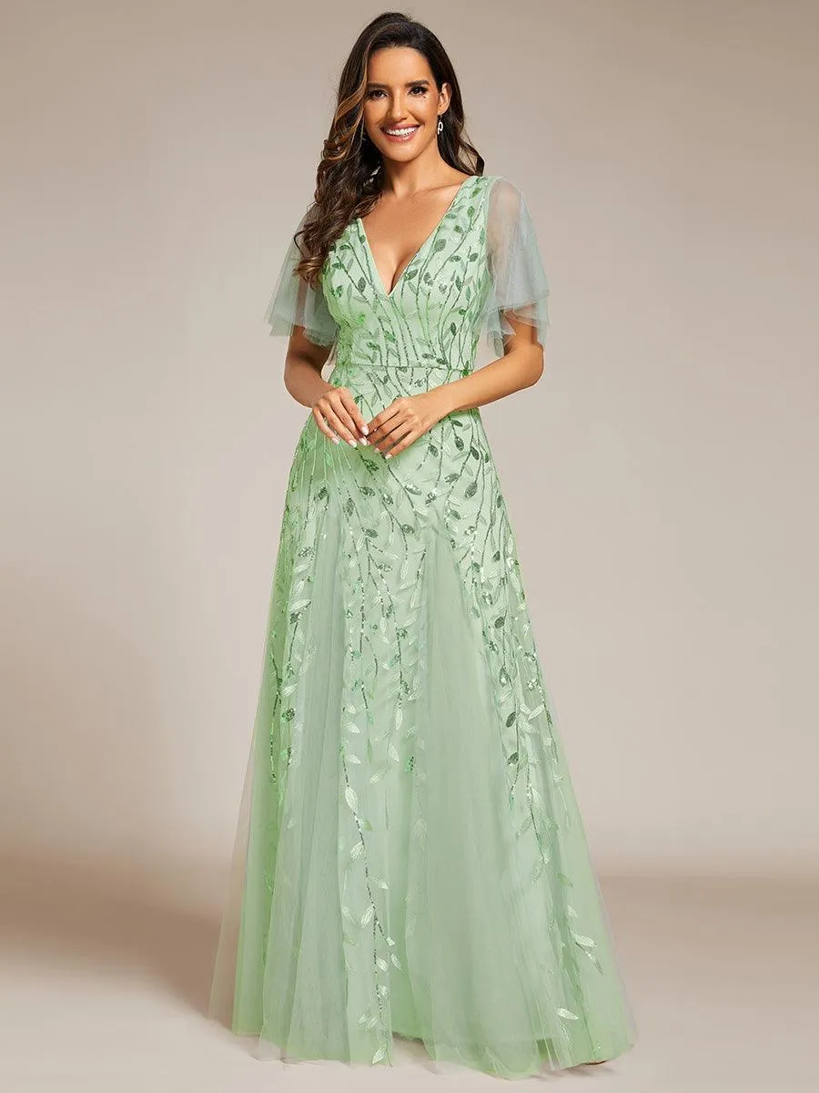 Robe de soirée de mariage à col en V et manches à volants