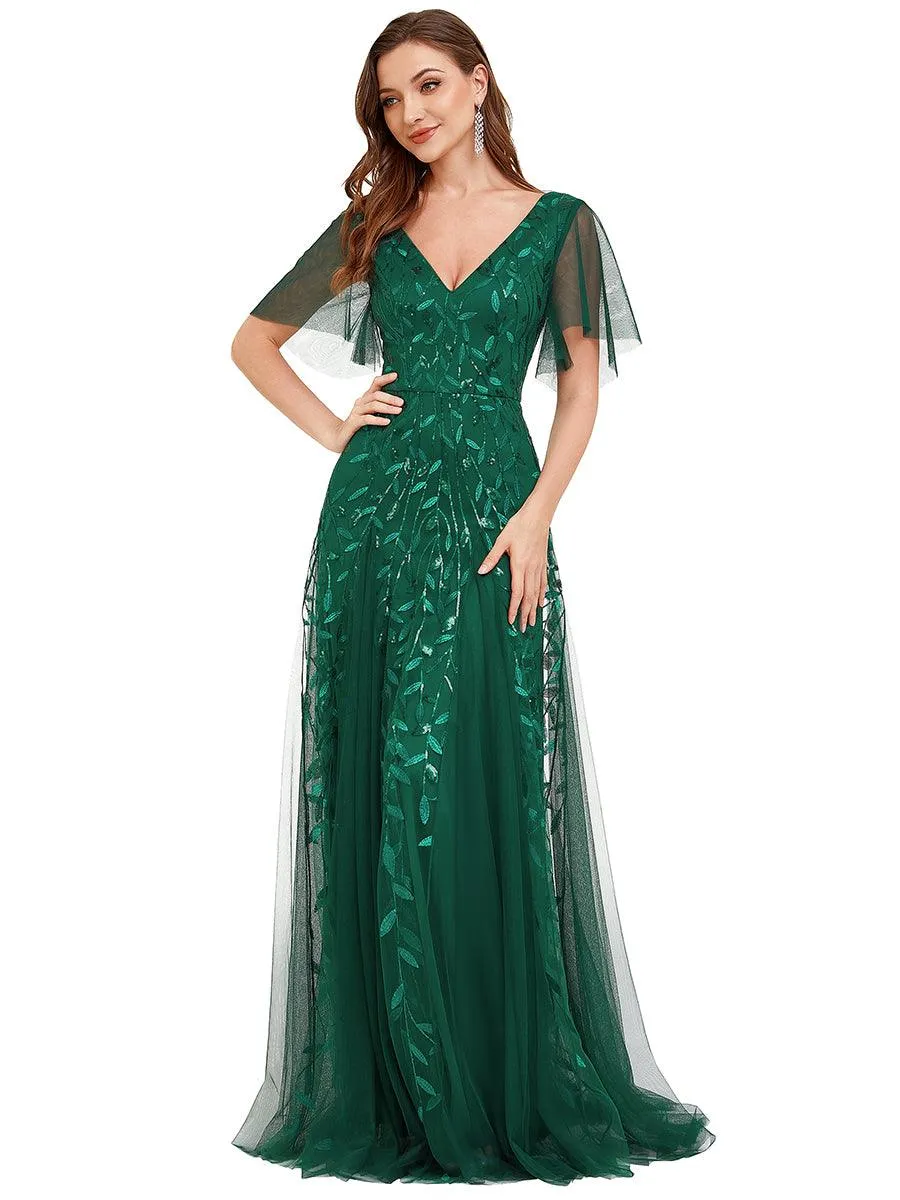 Robe de soirée de mariage à col en V et manches à volants