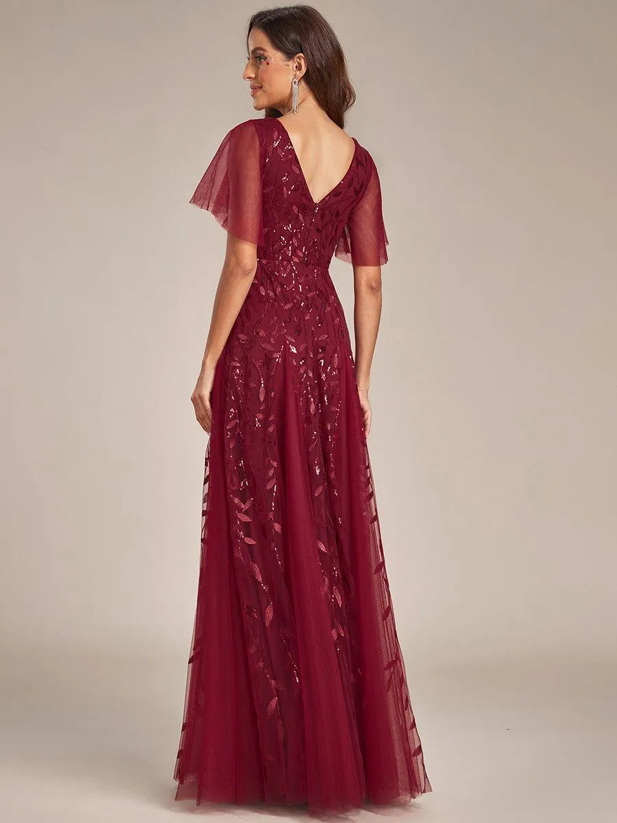 Robe de soirée de mariage à col en V et manches à volants