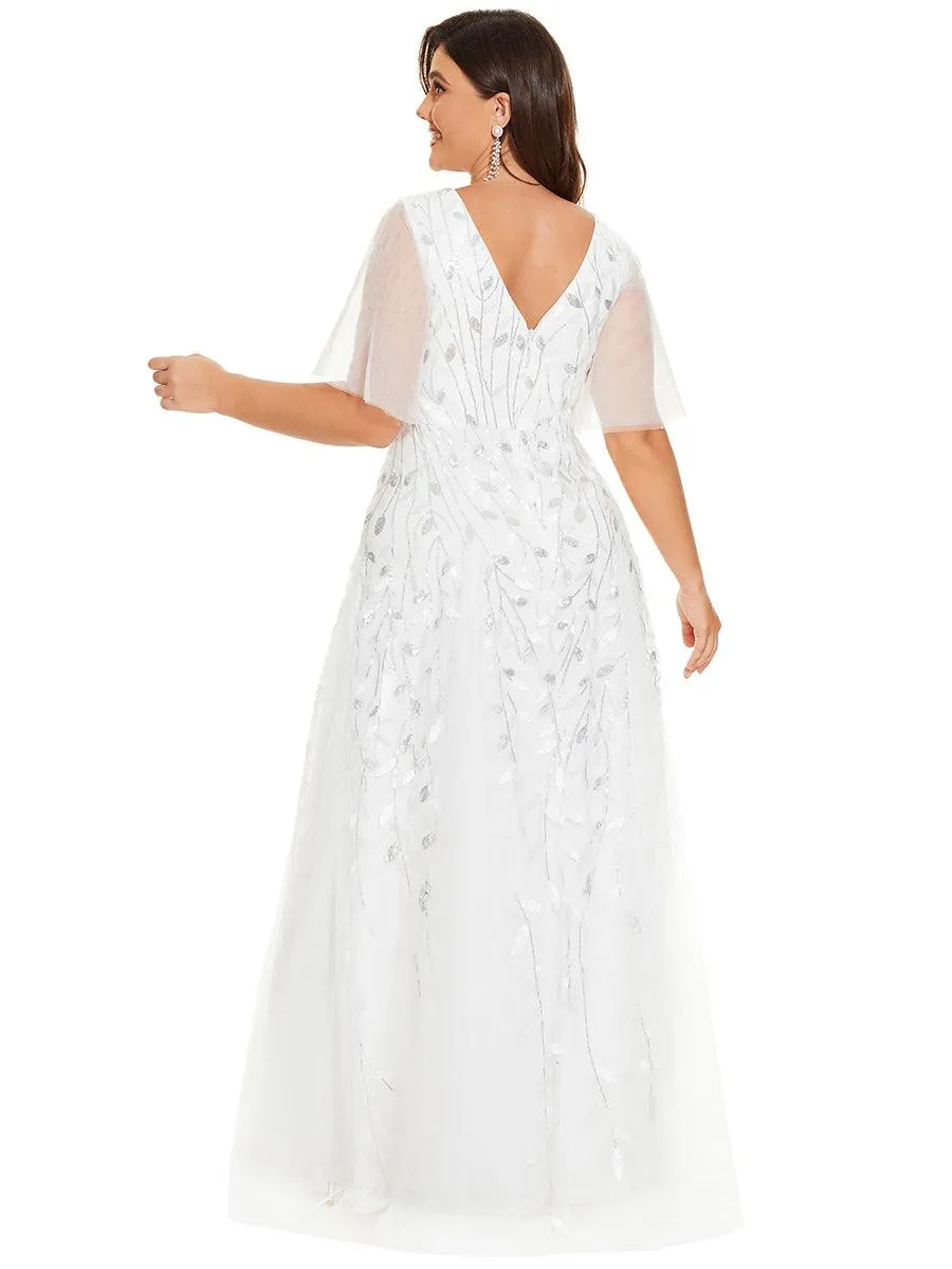 Robe de soirée de mariage à col en V et manches à volants