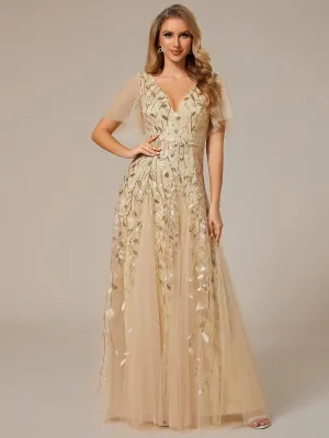 Robe de soirée de mariage à col en V et manches à volants